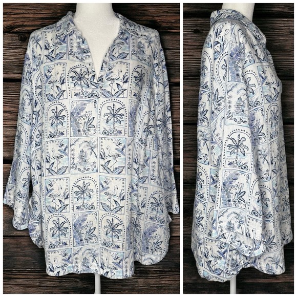 C&C California Tops - C&C California 100% Linen Blouse 2X Blue White Tile Beach Coastal Key West Tunic